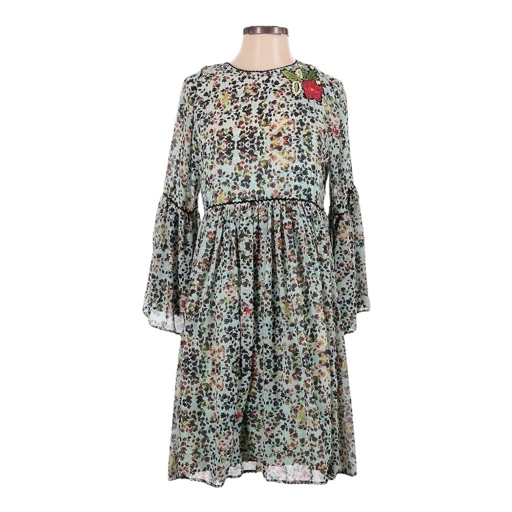 Bhanuni by Jyoti Anthropologie Boho A-Line Dress 6 Turquoise Floral Embroidered